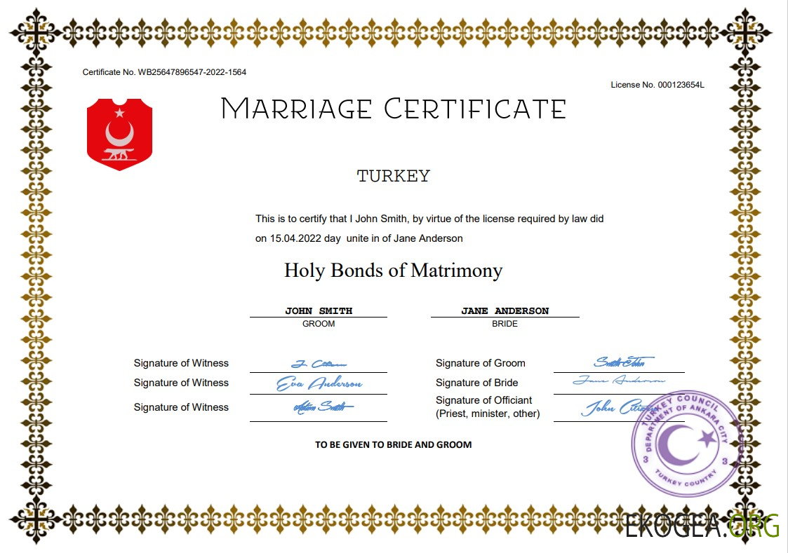 Modèle Word et PDF d'acte de mariage en Turquie